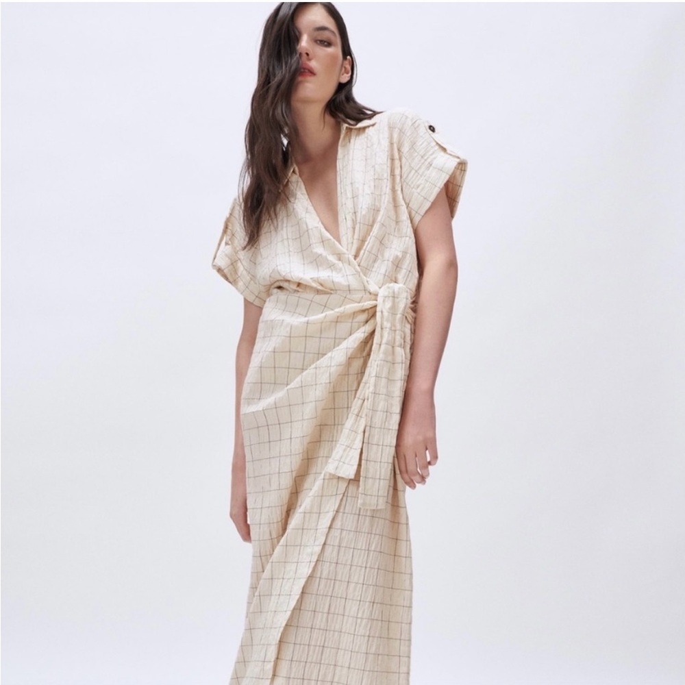 Zara Cream Windowpane Midi Dress S